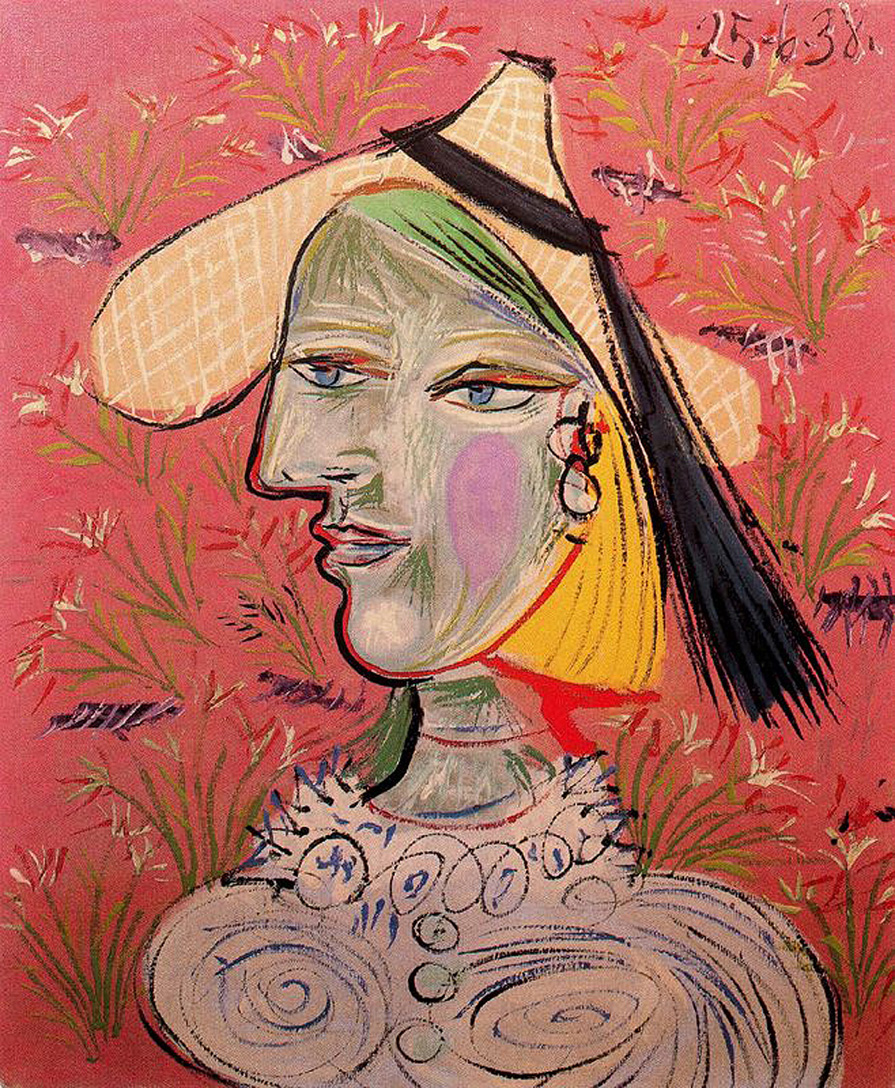 Picasso Woman with straw hat on flowery background 1938